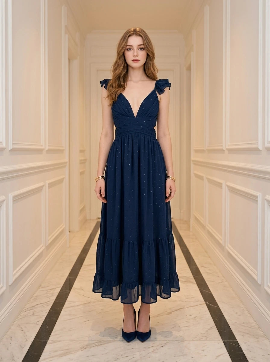 Woman wearing a navy blue polka dot midi dress with a deep V-neck and ruffled straps, standing in a hallway.