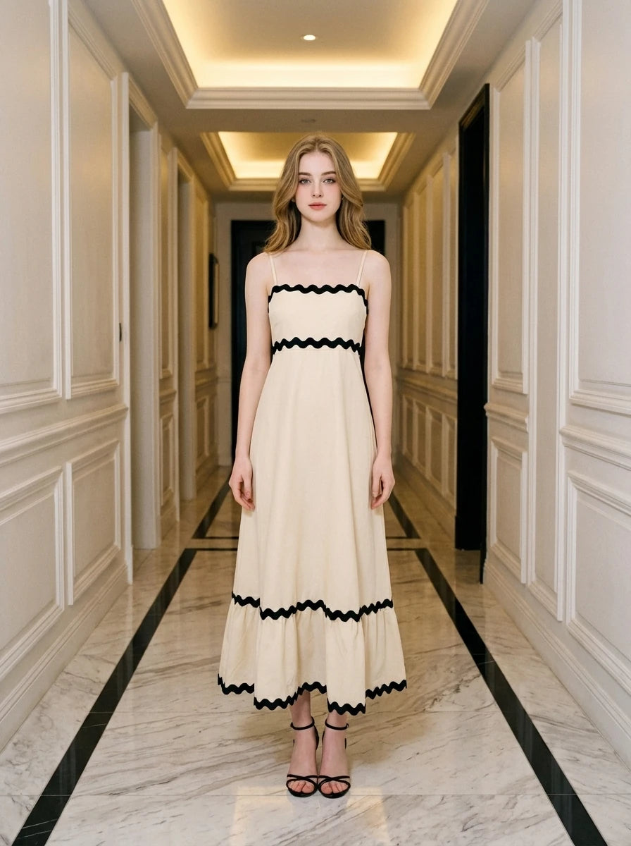 Woman standing in a hallway wearing a cream-colored midi dress with black zig-zag trim.