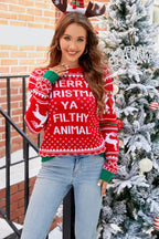 Woman wearing red Christmas sweater with reindeer and text