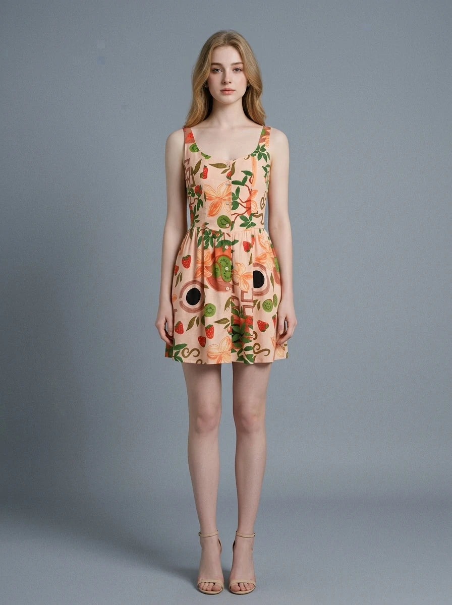 Woman wearing a sleeveless, scoop neck, fit and flare A-line dress with an all-over print of strawberries, kiwis, flowers, and coffee cups, in a peachy-pink hue.