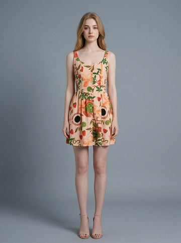 Woman wearing a sleeveless, scoop neck, fit and flare A-line dress with an all-over print of strawberries, kiwis, flowers, and coffee cups, in a peachy-pink hue.
