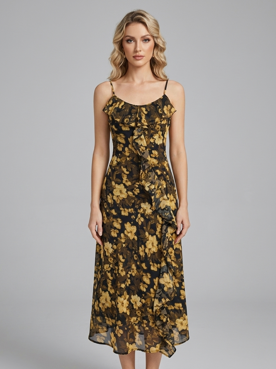 Woman wearing a floral print chiffon midi dress with spaghetti straps and ruffles.