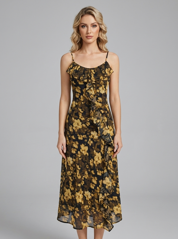 Woman wearing a floral print chiffon midi dress with spaghetti straps and ruffles.