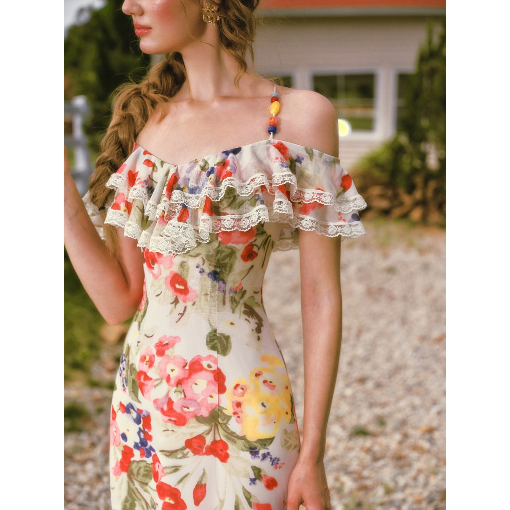 French style floral print midi dress with ruffle edge - View 3 | WEUXS