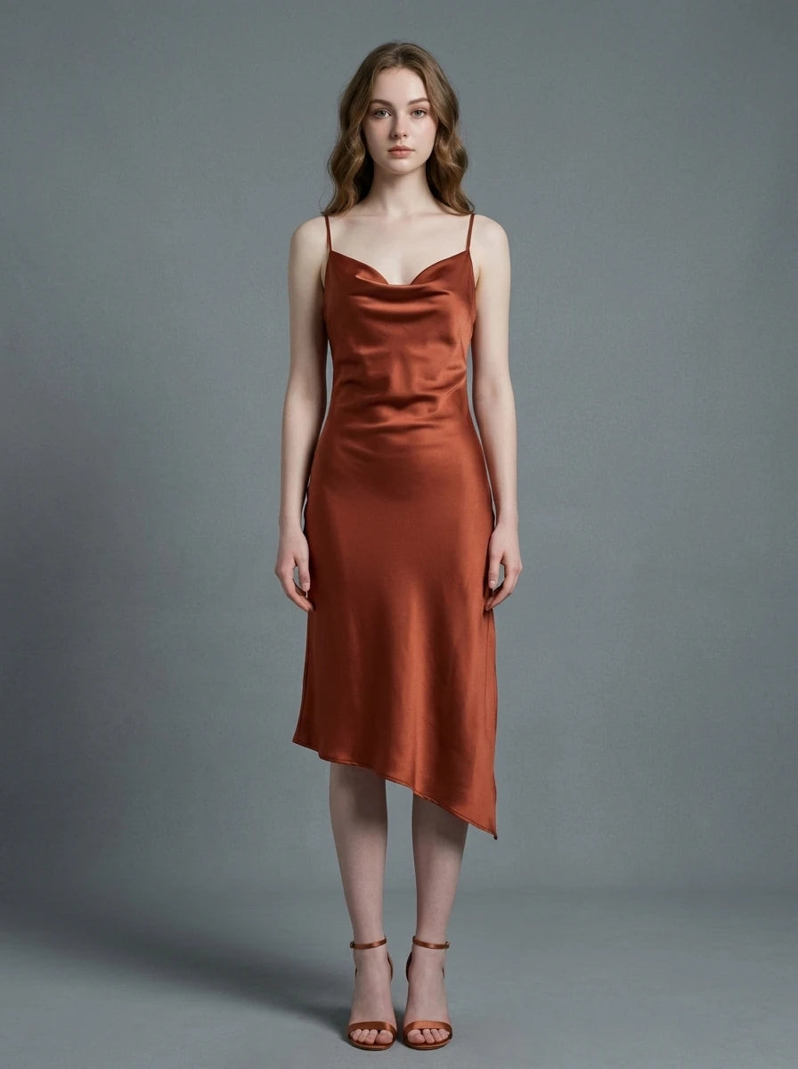 Woman wearing a rust-colored satin slip dress with spaghetti straps and a cowl neckline, standing against a grey background.
