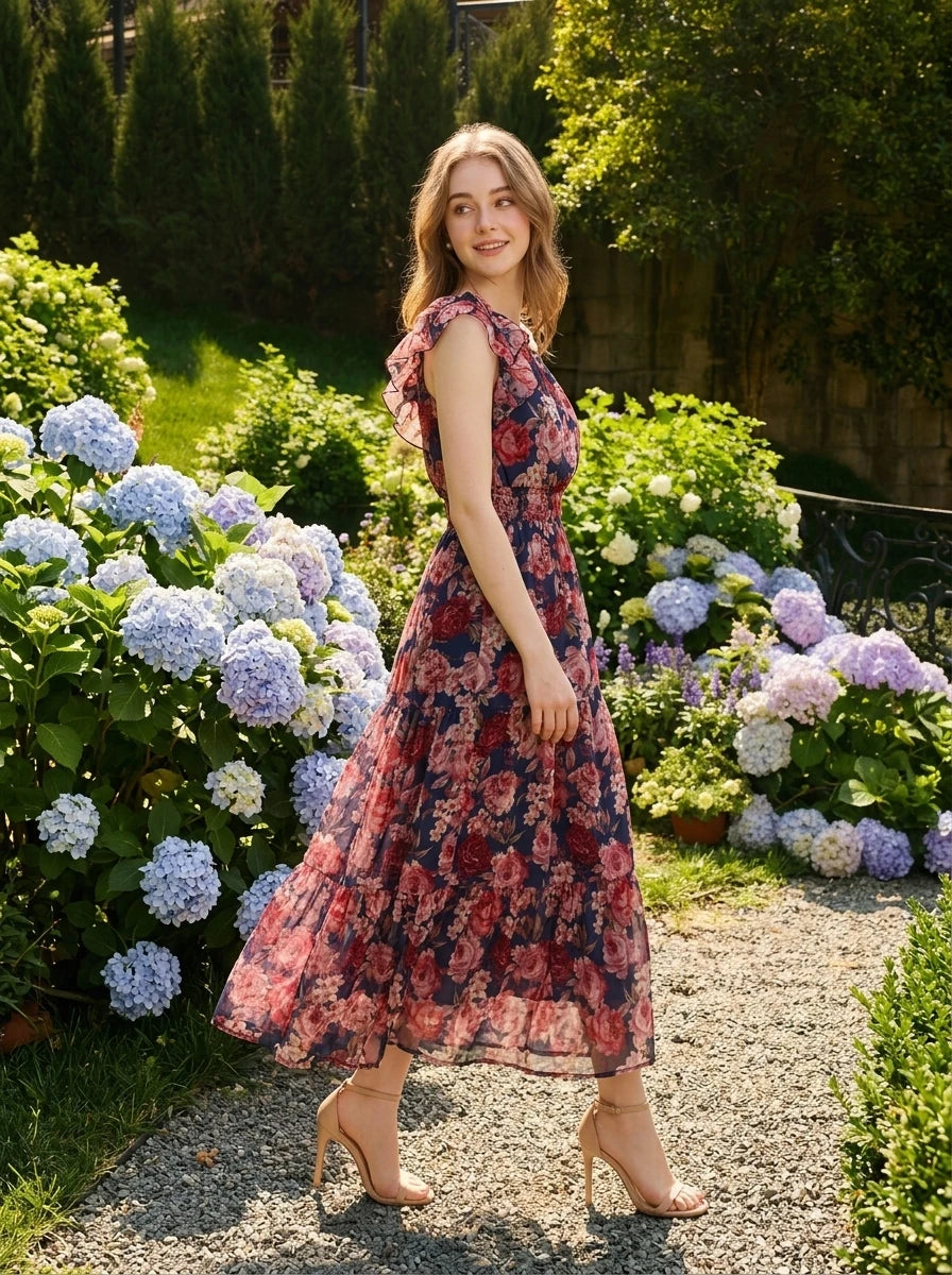 Woman in a navy floral print one-shoulder midi dress with a tiered skirt posing in a garden.