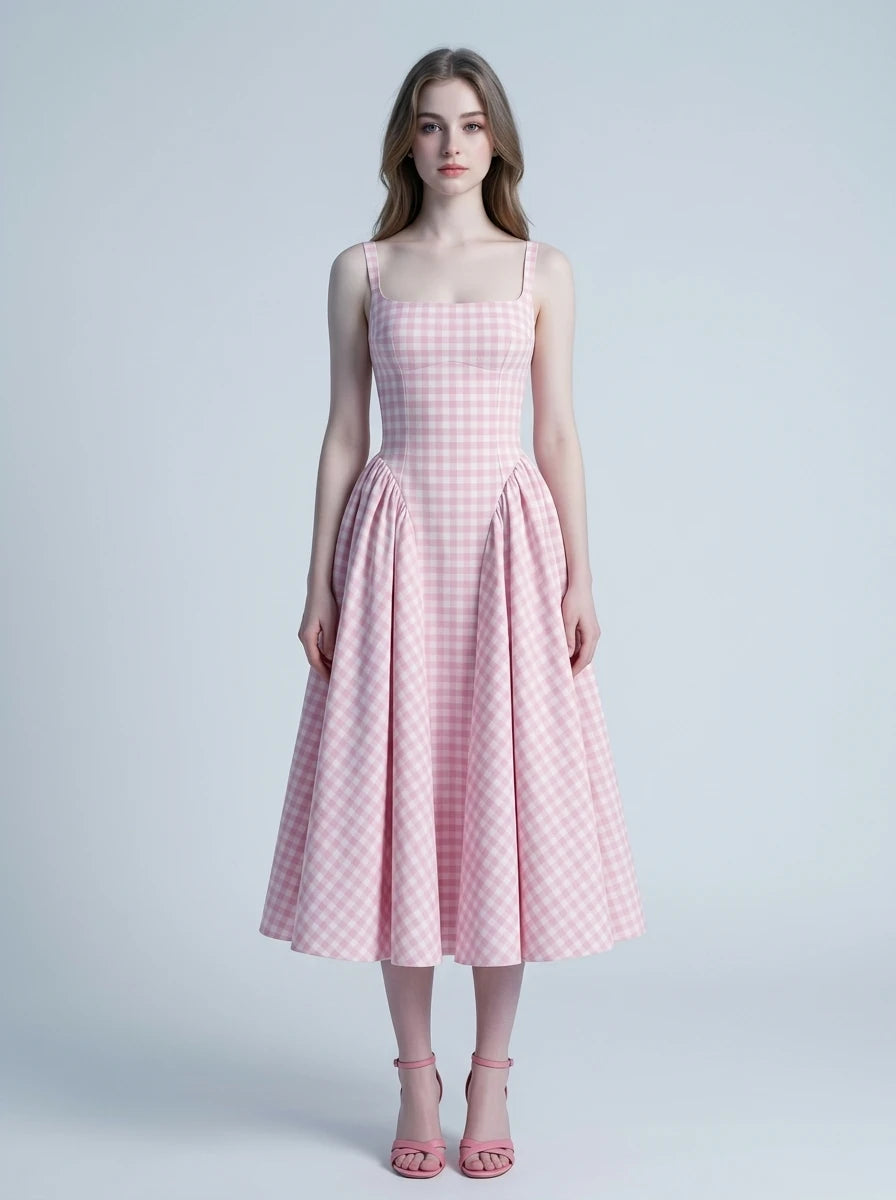 woman wearing a pink gingham midi dress with spaghetti straps and a full pleated skirt