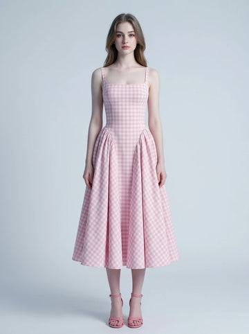 woman wearing a pink gingham midi dress with spaghetti straps and a full pleated skirt
