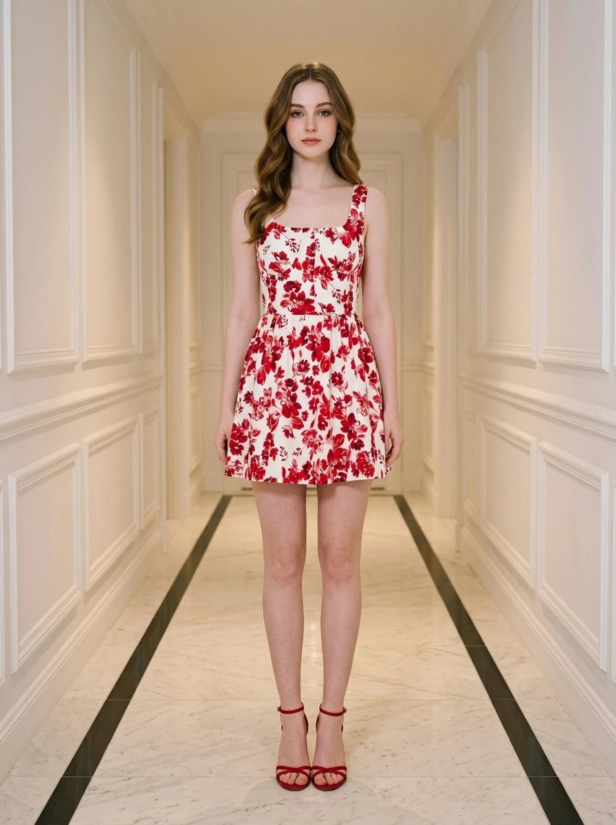Woman wearing a red and white floral print sleeveless fit and flare dress with a square neckline, standing in a hallway.