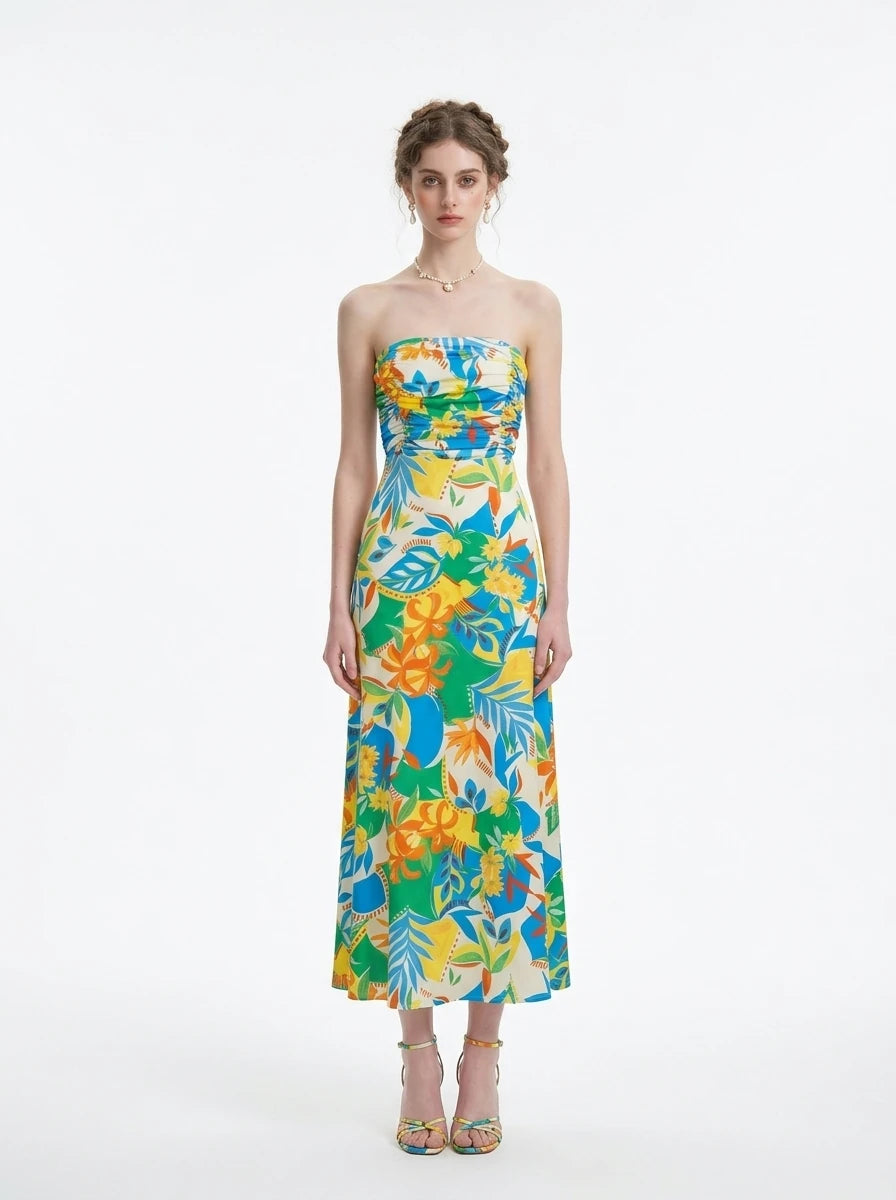 Woman wearing a strapless floral print midi dress