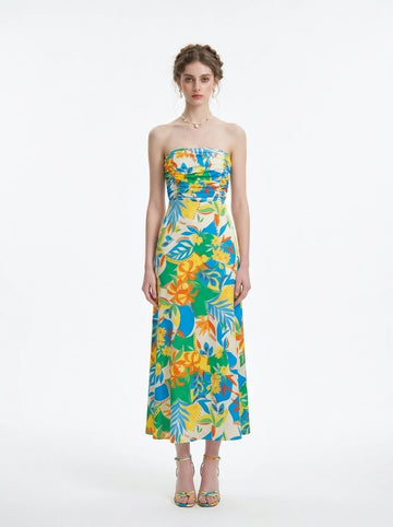 Woman wearing a strapless floral print midi dress