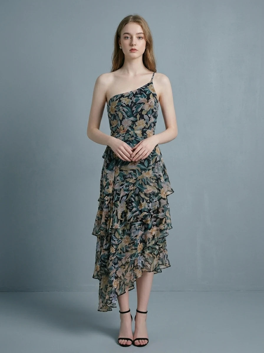 Woman wearing a floral print one-shoulder chiffon dress with a tiered, asymmetrical ruffle skirt.