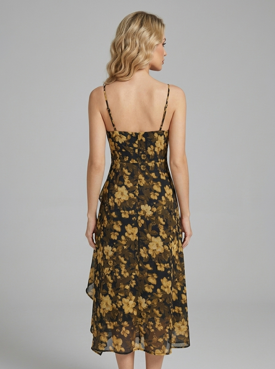 Back view of a woman in a floral print chiffon midi dress with spaghetti straps.