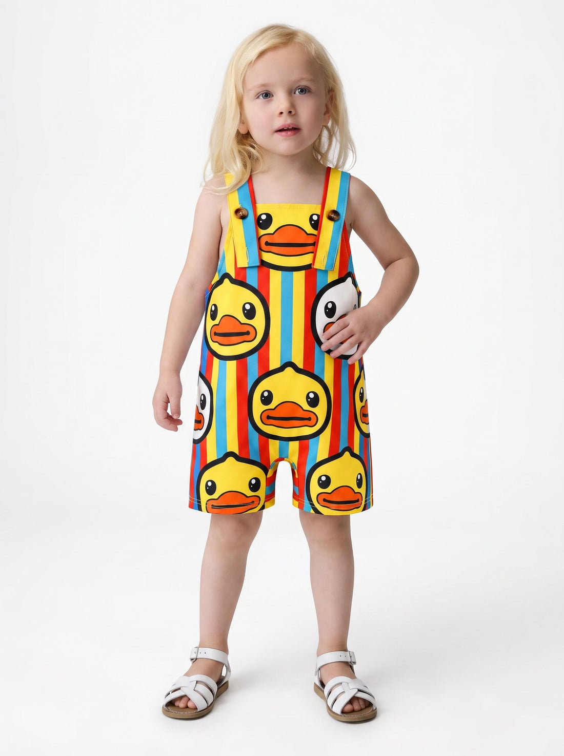 child wearing yellow, red, and blue striped shortall with duck print