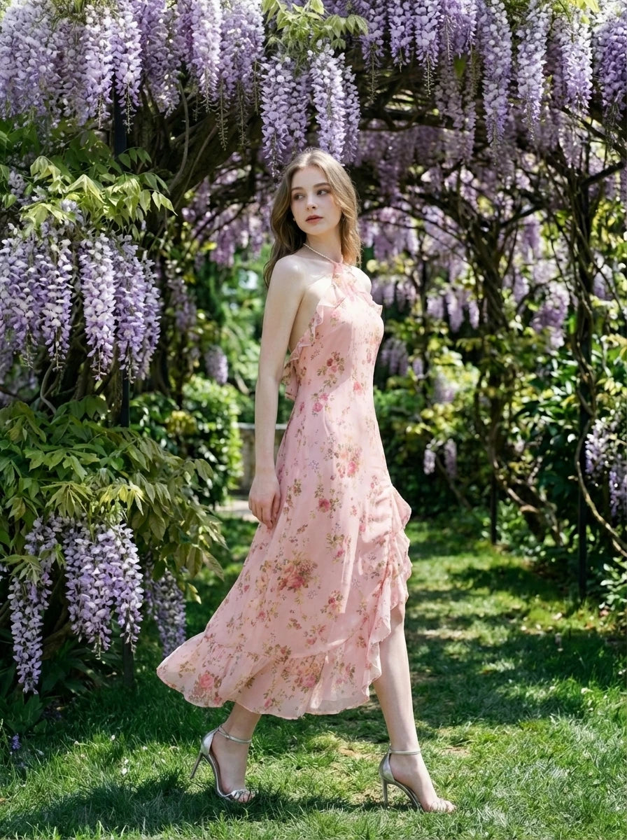 Woman in a pink floral print halter neck midi dress with ruffle trim and a high slit walking in a garden