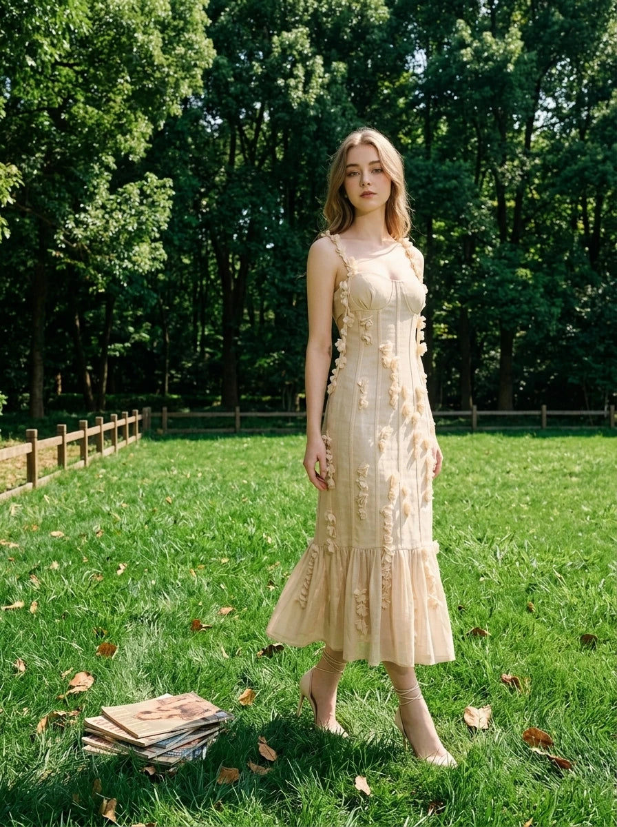 Woman wearing a cream-colored midi dress with 3D floral embellishments and a ruffled hem, standing in a grassy park.