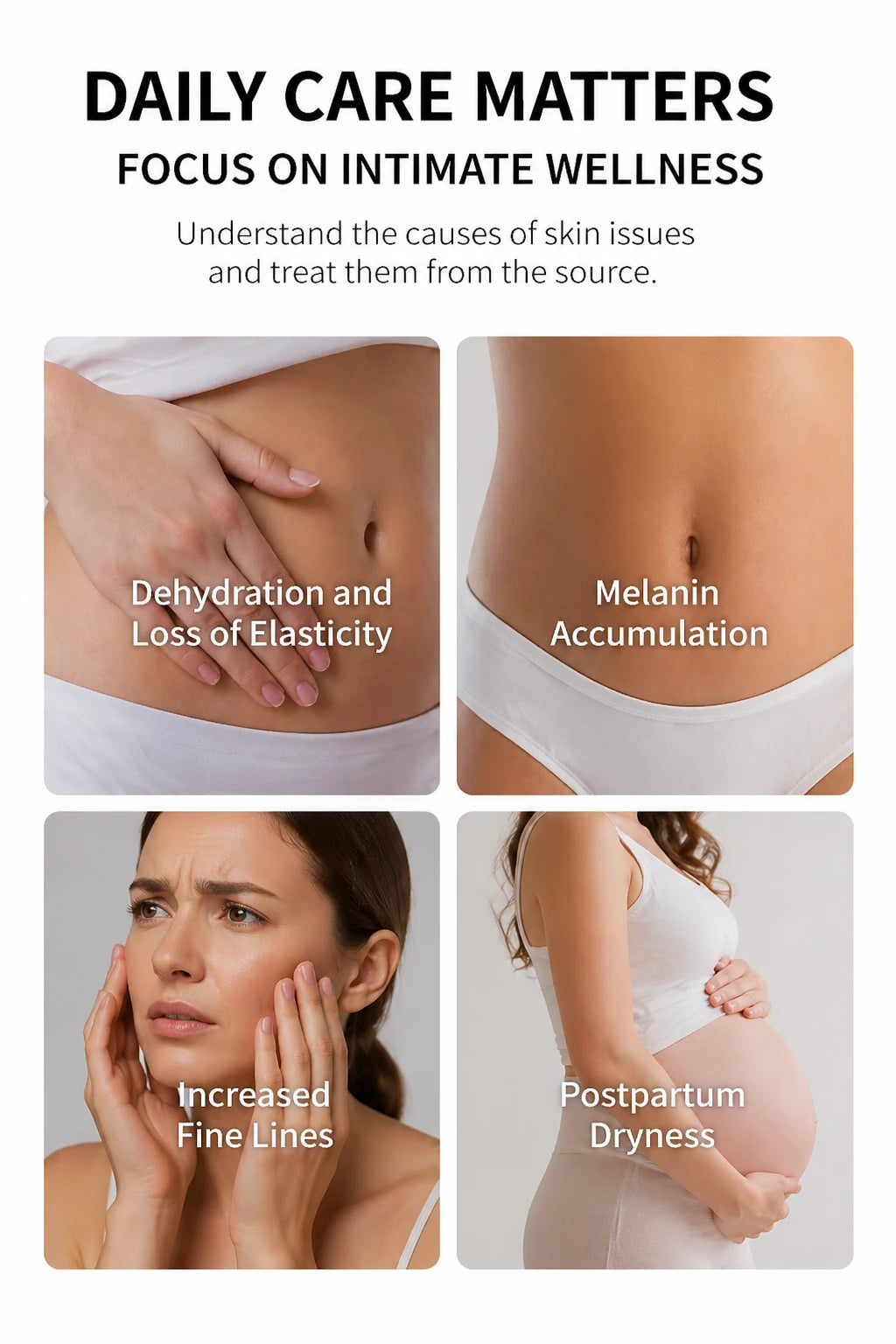 Illustrations of skin concerns including dehydration, melanin accumulation, fine lines, and postpartum dryness