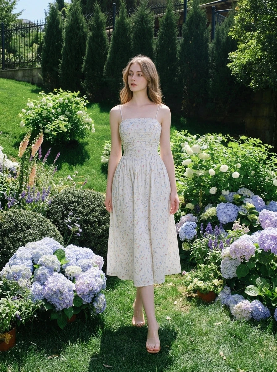Woman walking in a garden wearing a floral print midi dress.