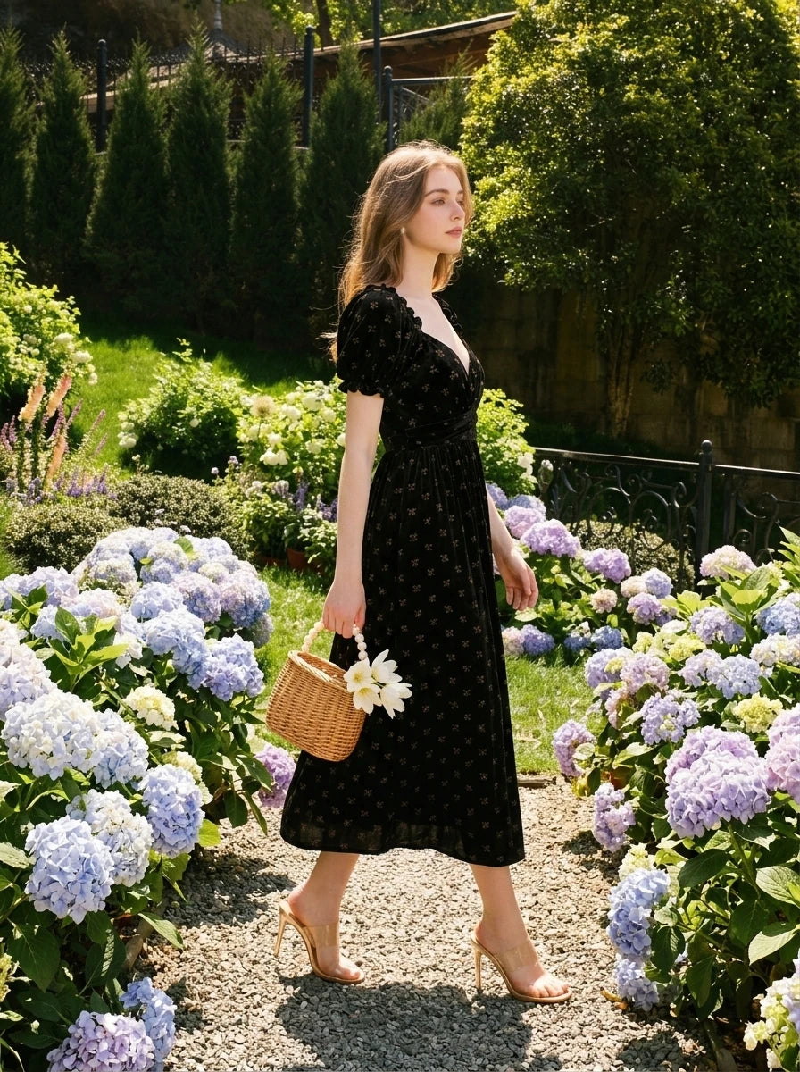Woman walking in a garden wearing a black floral burnout velvet midi dress with puff sleeves.