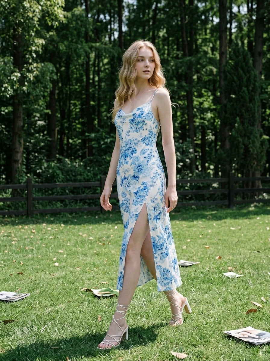 Woman walking in a grassy area wearing a white slip dress with a blue floral print and a high side slit.