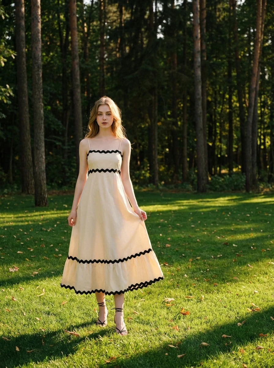 Woman standing in a grassy park wearing a cream-colored midi dress with black trim.