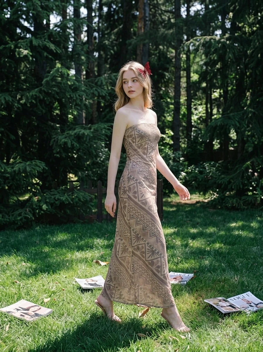 Woman walking in a forest wearing a strapless geometric print maxi dress