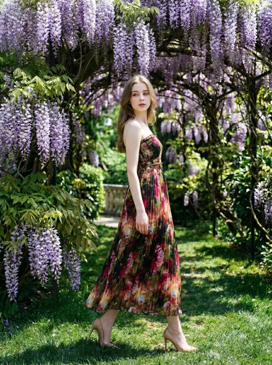 Strapless Pleated Maxi Dress
