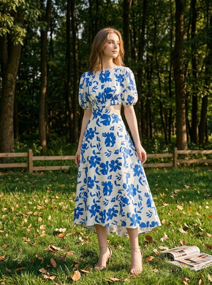 Woman wearing a white and blue floral print midi dress with puff sleeves and a cut-out waist, standing in a park.