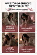 Four images depicting common personal care concerns: abnormal discharge, dryness, lack of elasticity, and fungal itching