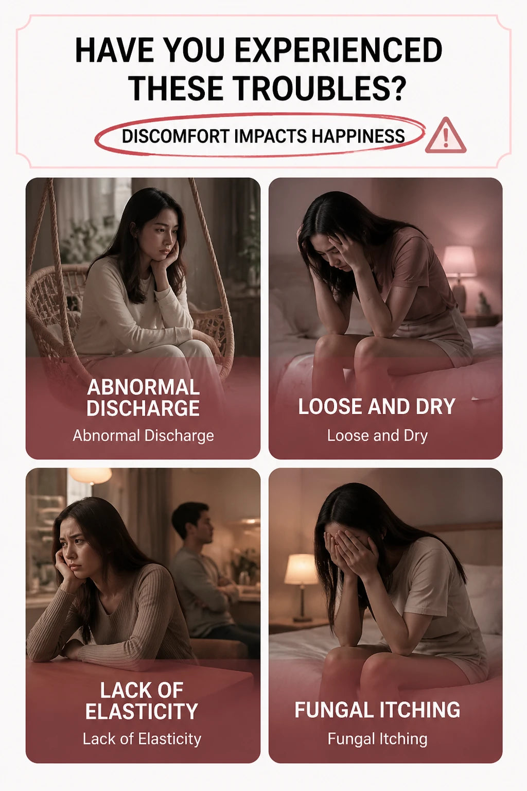 Four images depicting common personal care concerns: abnormal discharge, dryness, lack of elasticity, and fungal itching