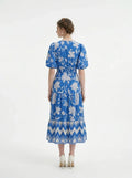 Back view of a woman in a blue floral print midi dress with puff sleeves and a tiered skirt.