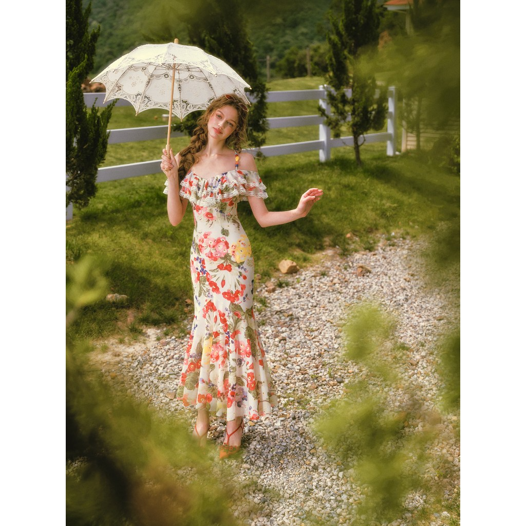 French style floral print midi dress with ruffle edge - View 4 | WEUXS