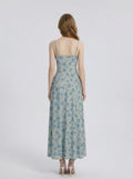 Back view of a woman in a light blue floral print midi dress