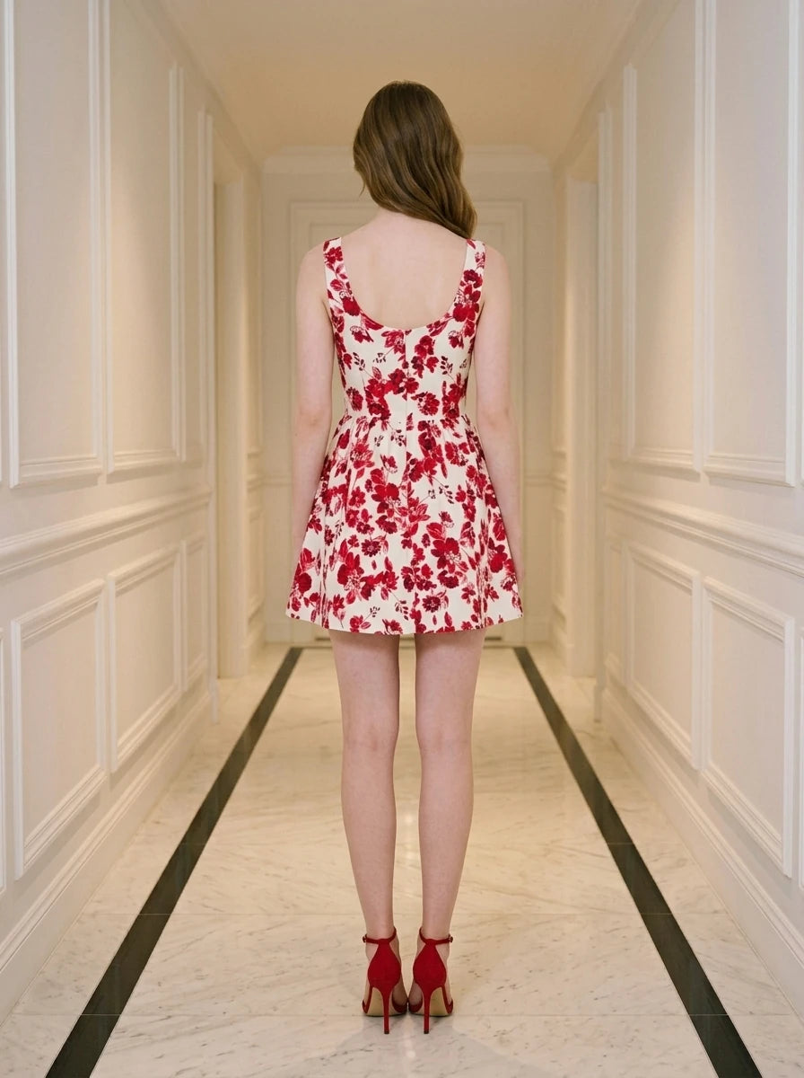 Woman wearing a red and white floral print sleeveless fit and flare dress with a square neckline, standing in a hallway.