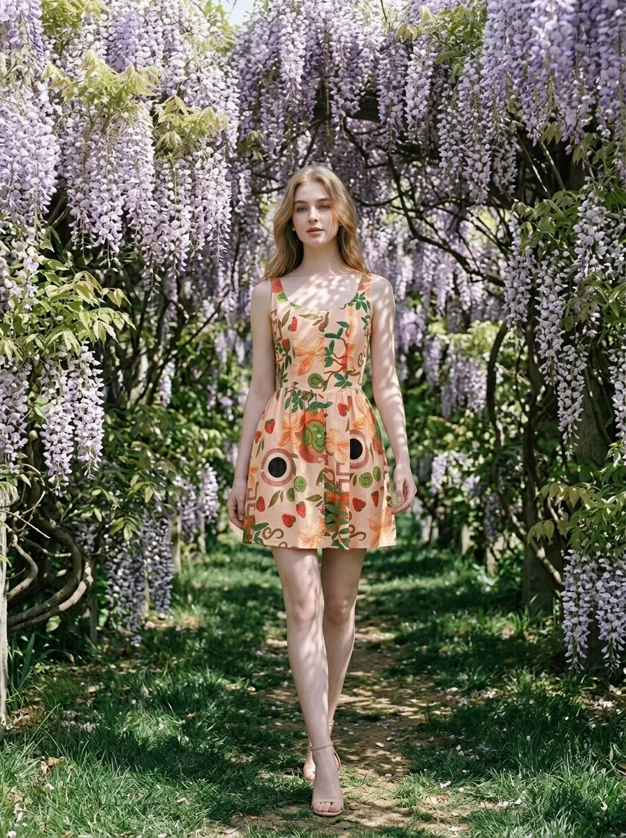 Woman in a peachy-pink, fruit and coffee cup print dress with a scoop neck and sleeveless design, walking through a garden path.
