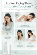 Woman experiencing intimate concerns like stickiness, odor, allergy, and itching, with SEJIESYU mousse shown