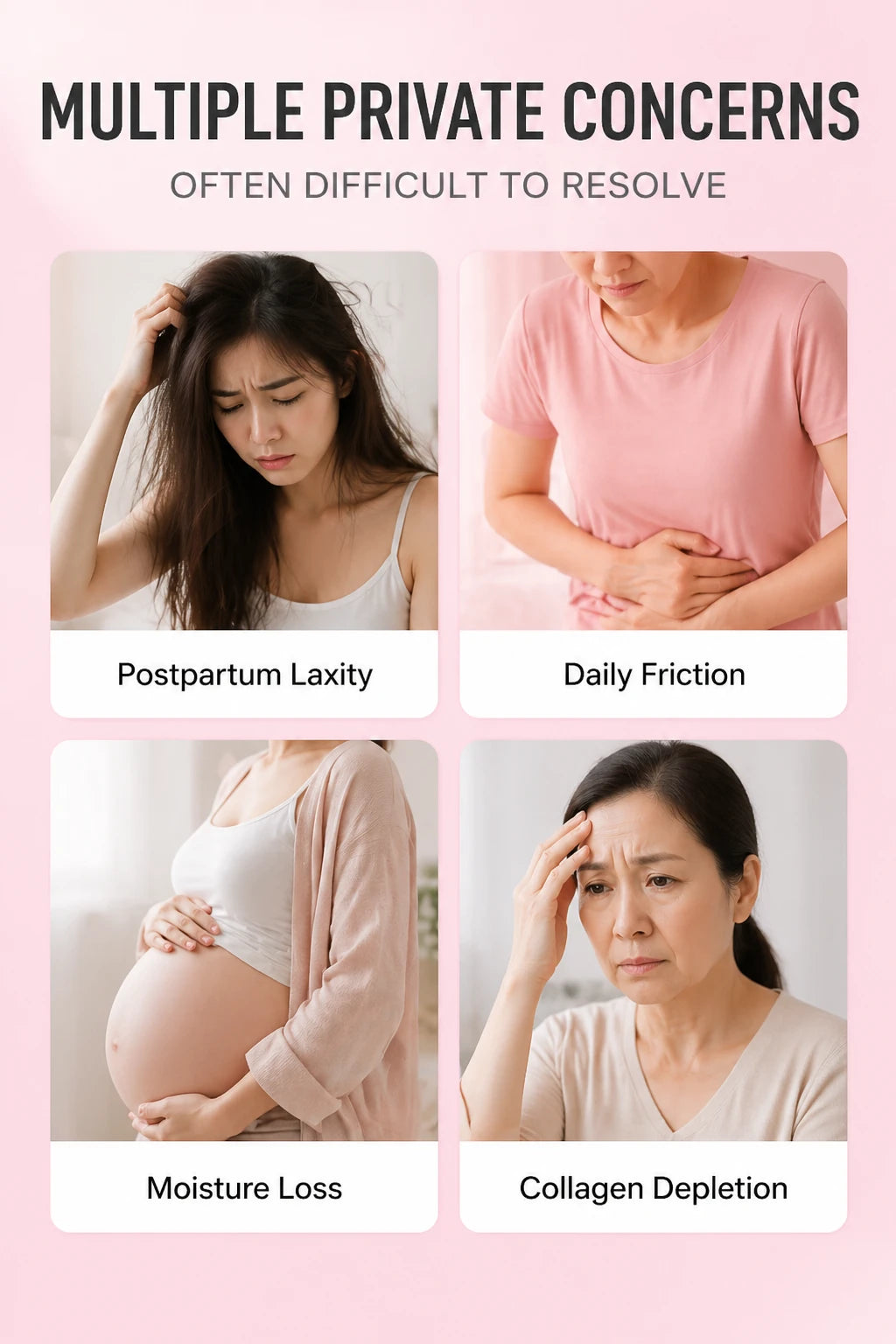 SEJIESYU Pink Essence advertisement showing "MULTIPLE PRIVATE CONCERNS" with images of women experiencing postpartum laxity, daily friction, moisture loss, and collagen depletion