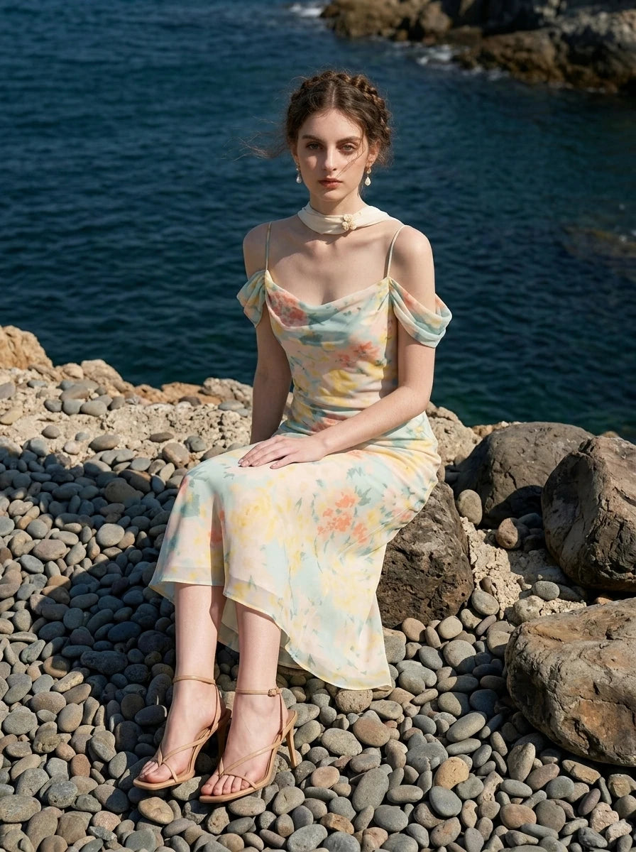woman wearing a floral print cold shoulder midi dress sitting on rocks by the sea