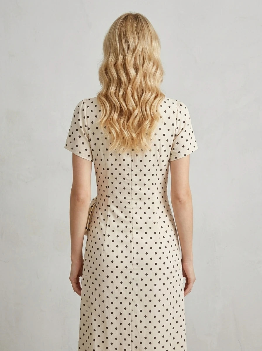 Woman wearing a cream polka dot midi wrap dress with short sleeves