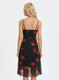 Back view of a woman in a black floral print midi dress with a smocked back