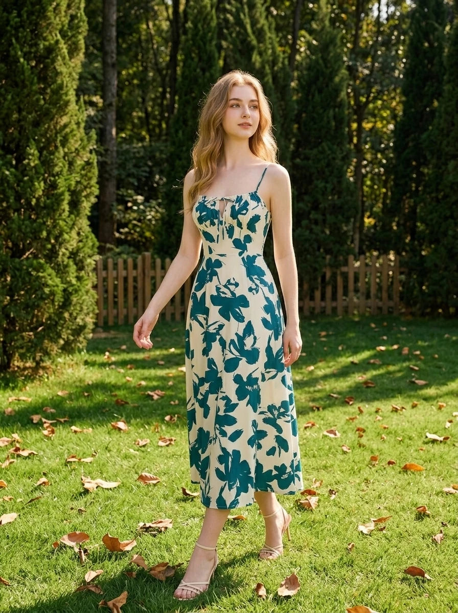 Woman in a cream and teal floral print midi dress with spaghetti straps and a tie-front bodice, walking in a grassy area with trees in the background.