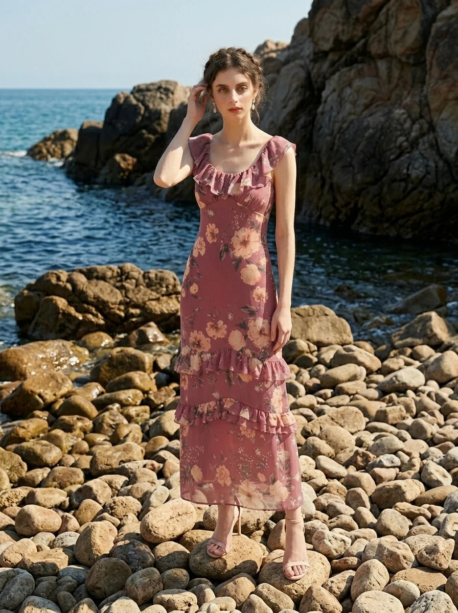 Woman posing by the rocky shore wearing a floral print chiffon maxi dress