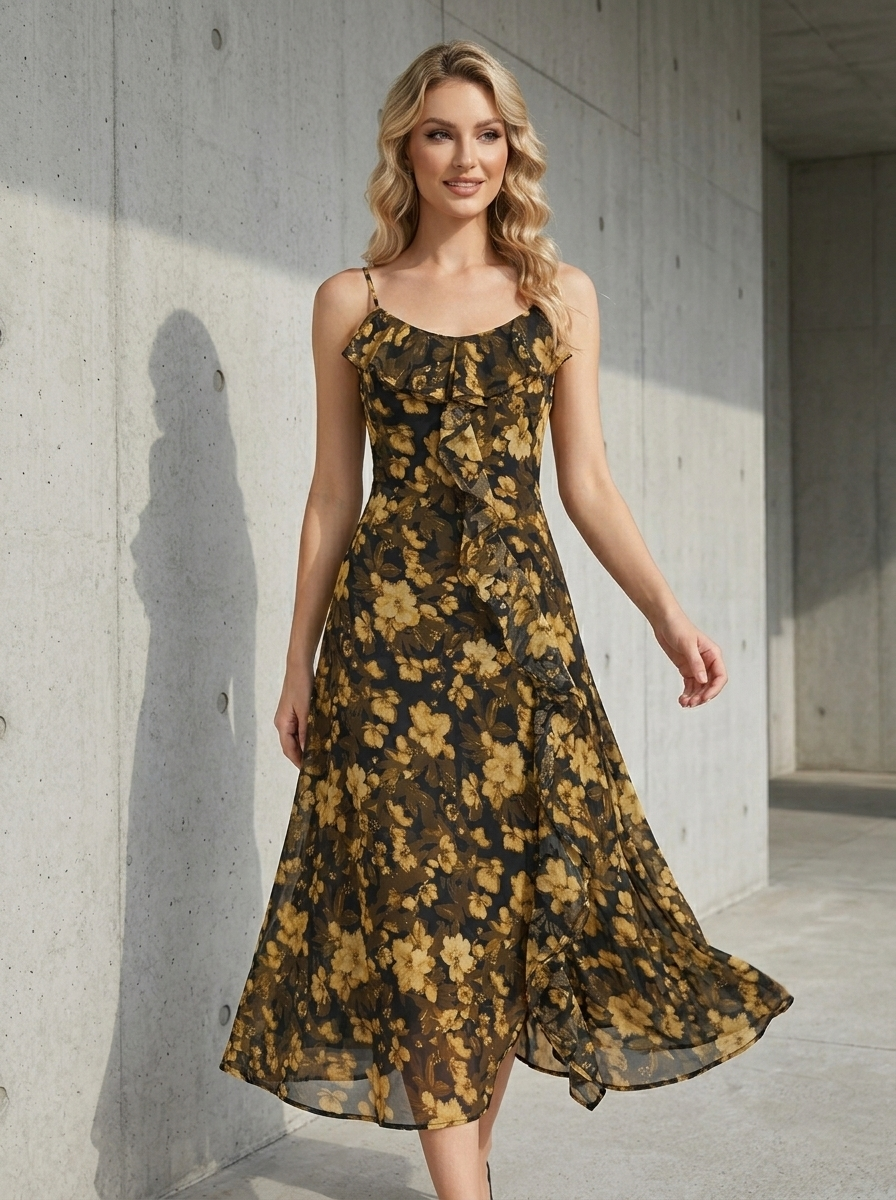 Woman walking in a floral print chiffon midi dress with ruffles and an asymmetrical hem.