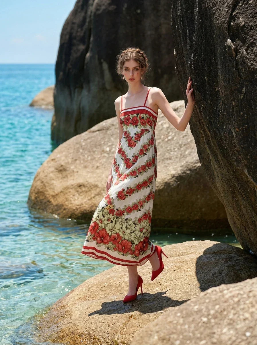 Woman standing on a rocky outcrop by the ocean, wearing a white maxi dress with a red floral print and red trim.