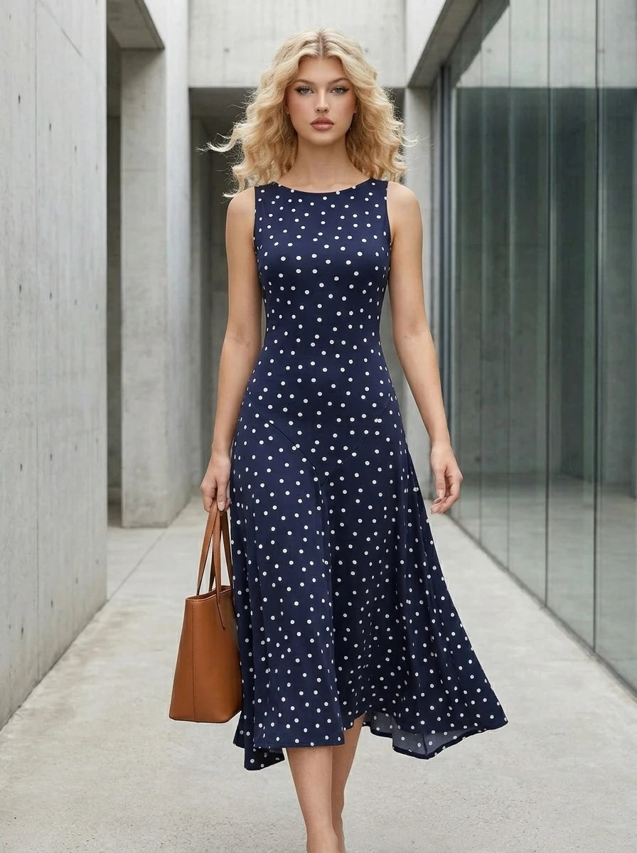 Woman walking in a navy blue polka dot midi dress holding a brown tote bag