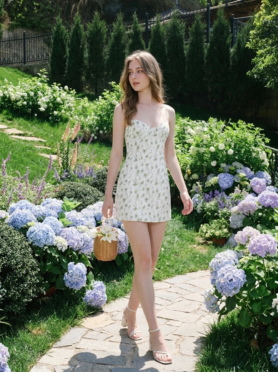Woman in a white floral print mini dress walking on a garden path.