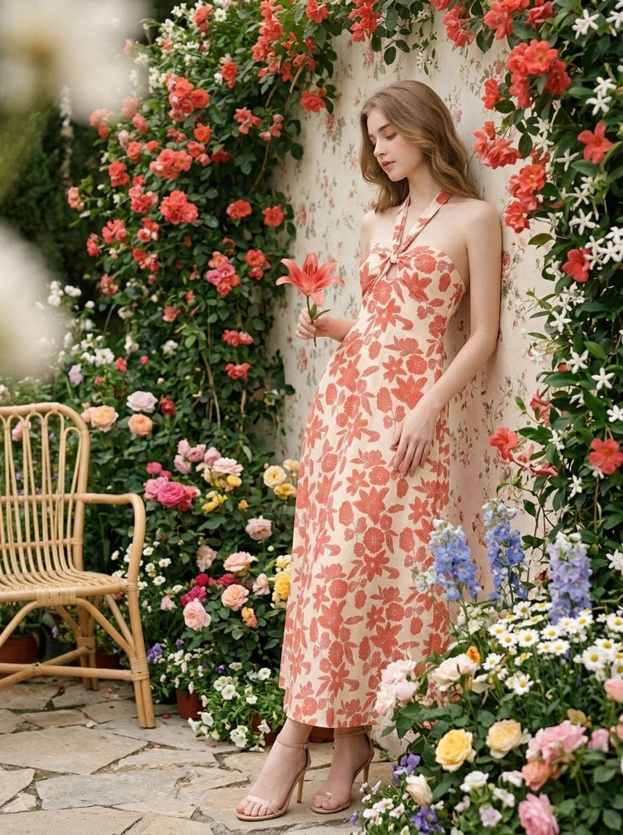 Woman standing near a floral wall wearing a coral floral print halter neck midi dress