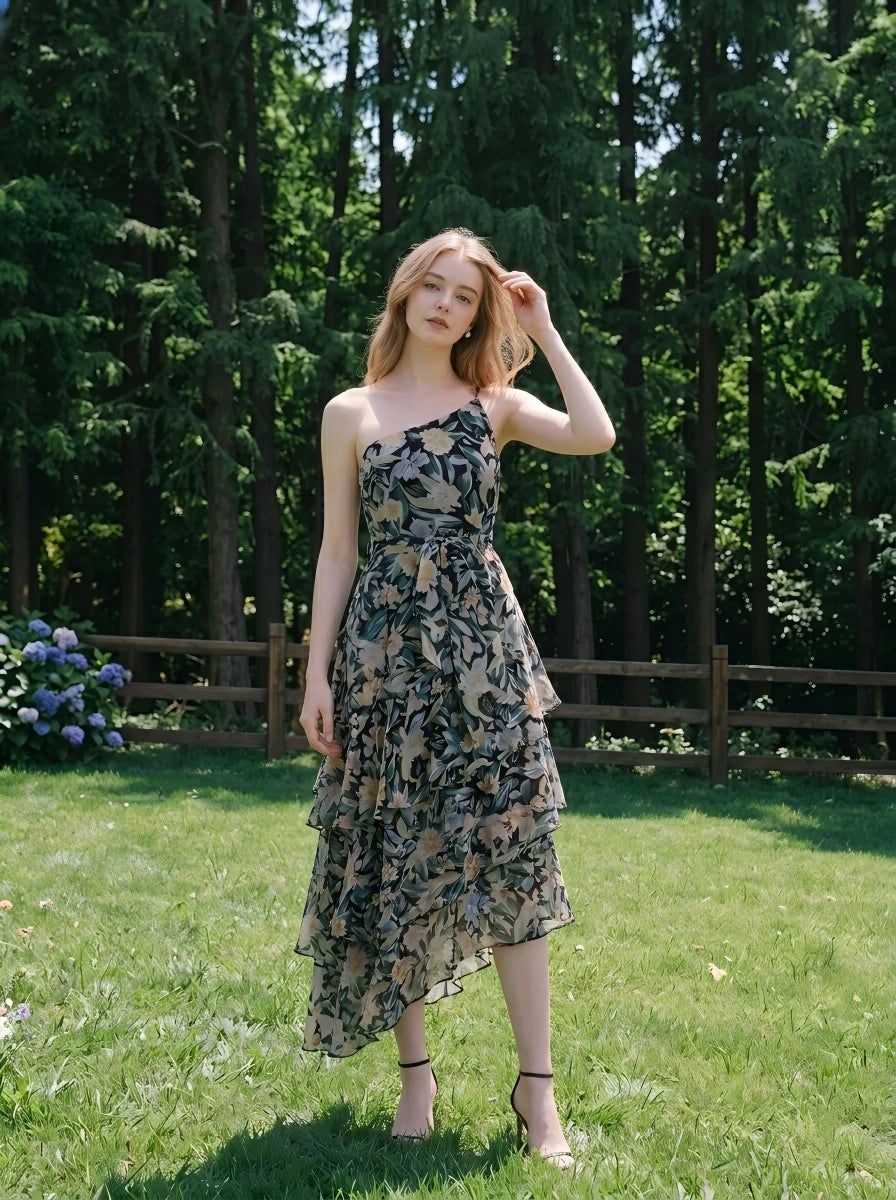 Woman posing in a grassy area wearing a floral print one-shoulder chiffon dress with a tiered, asymmetrical ruffle skirt.