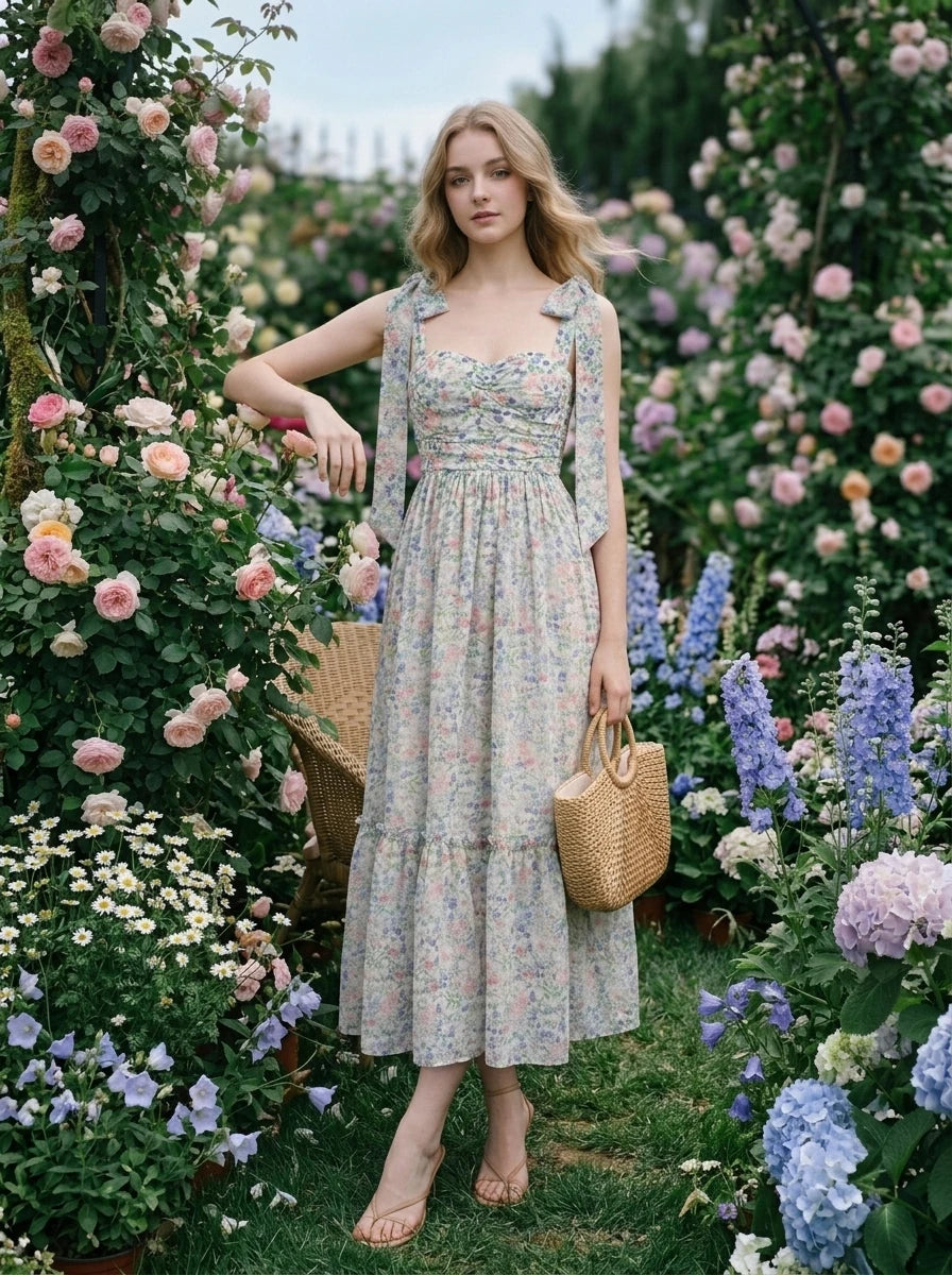 Woman in a floral print midi dress posing in a garden with flowers
