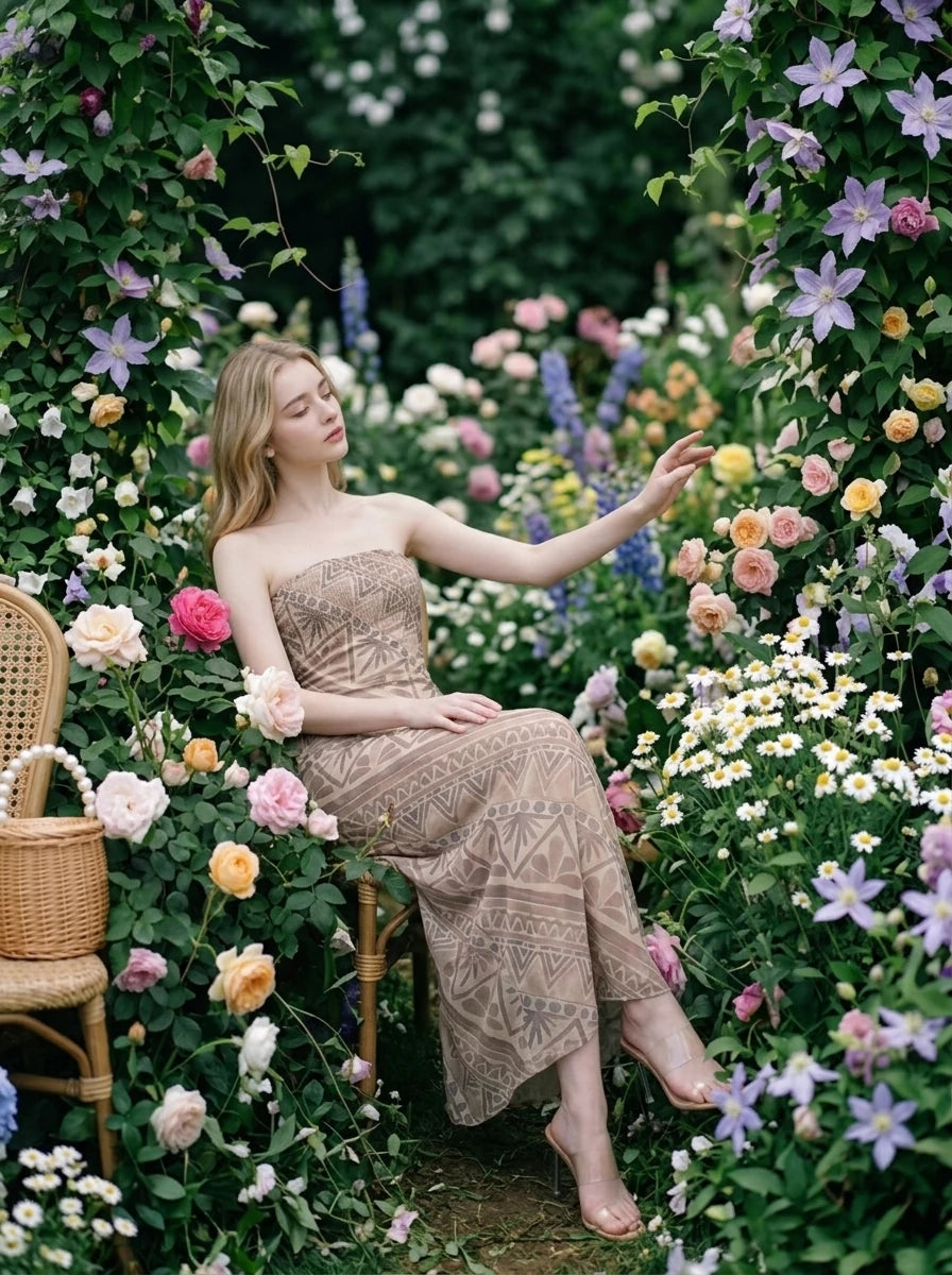 Woman sitting in a floral garden wearing a strapless geometric print maxi dress